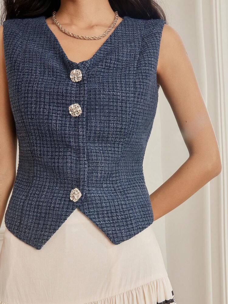 Women Elegant High-End Rhinestone Decor Grid Pattern Slim Fit Knit Vest Tank Top, Commute Style, Summer