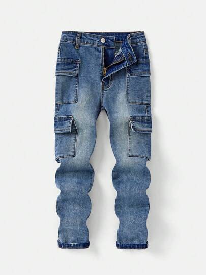 SHEIN Tween Boys' Washed Slim Fit Casual Cargo Jeans