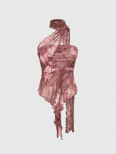 Grunge Punk Top tubo con efecto flockado, escote lateral con fruncido y bufanda desmontable, estilo retro sexy Y2K para mujer