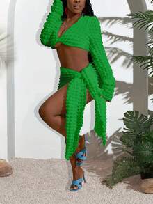 Slaydiva 2025 Summer New Music Festival, Easter, Western, Nomadic, St. Patrick's Day, Birthday Party, Graduation, Student Wear, Daily Casual, Vacation, Cruise Travel, Beach, Sunbathing, Fashionable White Women 2pcs Set With Tie Strap Texture Curvy Two Piece Set Green Two Piece Set Resort Wear Curve Beach Skirt Set Curve Swimsuit Cover Up