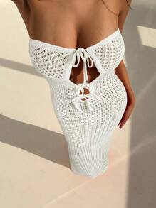 Aloruh 女士度假性感露肩镂空系带腰部修身露背美人鱼连衣裙 - 白色 - 查看 1