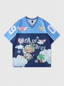 ROMWE MEN Prep Men's Jersey Cartoon Mesh Patchwork Sports Short Sleeve T-Shirt