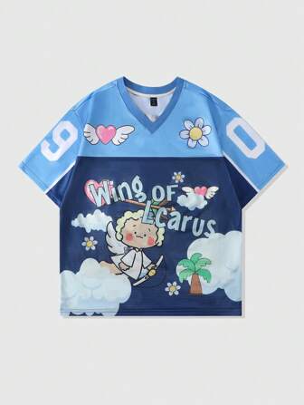 Prep Men's Jersey Cartoon Mesh Patchwork Sports Short Sleeve T-Shirt