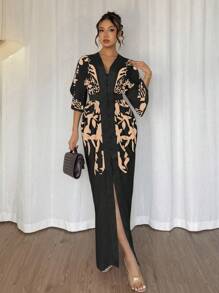 Chiquease Spring & Summer Contrast Color Print Fitted Dress - Black and Gold - View 6