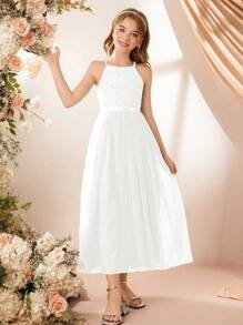 Elegant Minimalist Young Ladies' Round Neck Sleeveless Waisted Long Lace Splice Multi-Layer Mesh Solid Green Dress, Suitable For Flower Girl Wedding Party Summer - White - View 7