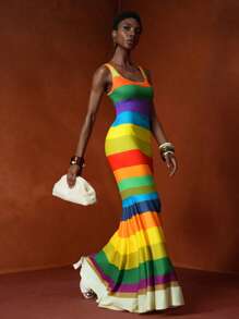 Veslaya 2025 春夏新款非洲优雅海滩度假连衣裙，女士加大码无袖条纹长裙，适合休闲、派对、外出、Y2K 风格 - 彩色 - 查看 2