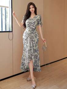 Modelyn Đầm midi thanh lịch, cổ chữ V buộc eo, chất liệu chiffon họa tiết hoa nhỏ xinh cho nữ - trắng - Xem 3