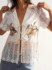 Bohemela Camisa casual de manga corta con cuello para mujer, de patchwork tejido a cuadros - Blanco - Ver 3