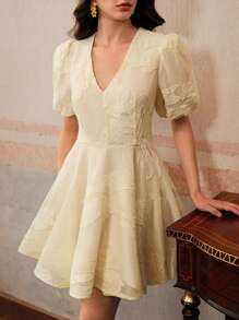 Anewsta Elegant Heavy Lace Floral Peplum Waist Short Dress, Boho Style, Spring/Summer - Apricot - View 4