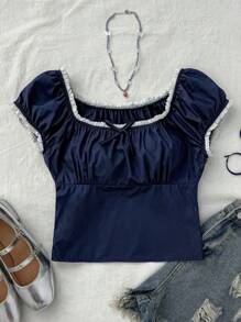 Teen Girls Blue Color Block Shoulder, Chest Ruched, Fitted, Casual, Collegiate, Woven Blouse, Versatile Shirt