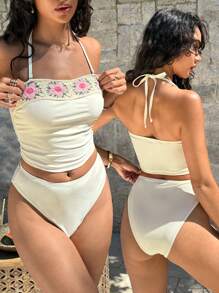 Swim Lushoire 2 قطعة توب كامسول مزخرف بشكل زهري من الدانتيل البيج ومجموعة بكيني ، جميل وأنيق للربيع والصيف، للعطلات والحفلات الشاطئية - متعدد الألوان - مشاهدة 2