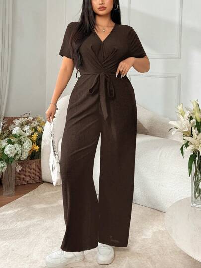 SHEIN EZwear Plusstorlek V-ringad kortärmad jumpsuit, avslappnad för vår/sommar