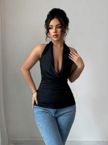 Selianne Camiseta de cuello de cowl de punto reversible con elástico - Negro - Ver 6