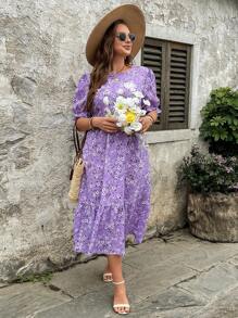 SHEIN VCAY Plus Size Ditsy Floral Puff Sleeve Casual Dress - Purple - View 6