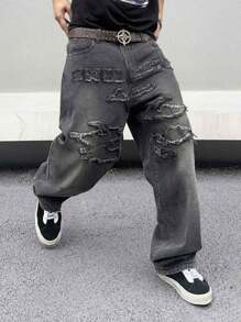 Manfinity EMRG 男士破洞直筒牛仔裤，纯色深色牛仔裤，长款宽松深灰色洗水工装牛仔裤，适合送给老公、男朋友的礼物，适合外出聚会、通勤、街头、都市、emo 风格 - 黑色 - 查看 4