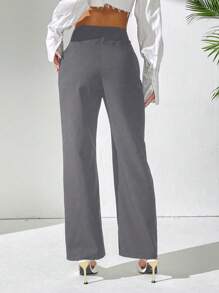 SHEIN PETITE 女士纯色高腰褶皱直筒宽松休闲办公裤 - 灰色 - 查看 2