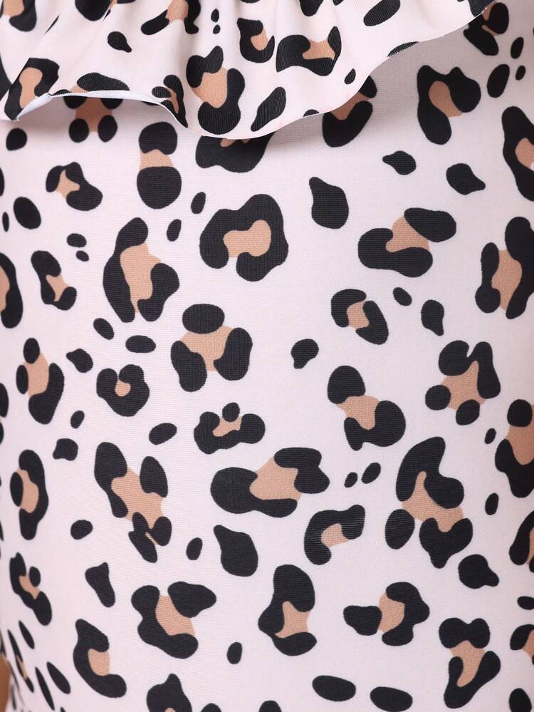 Leopard Print Ruffle Shoulder One-Piece Swimsuit