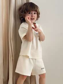 DAZY 男童字母印花短袖T恤和短裤休闲装，夏季 - 米色 - 查看 4