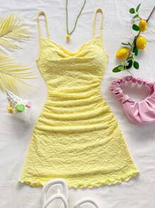 Soleia 女士细肩带褶饰露背迷你连衣裙，浅黄色，休闲装，适合节日、约会、下午茶、音乐节、波西米亚风时尚 - 黃色 - 查看 3