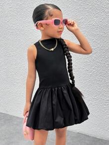 SHEIN Young Girl Solid Color Woven Patchwork Peplum Dress - Black - View 5