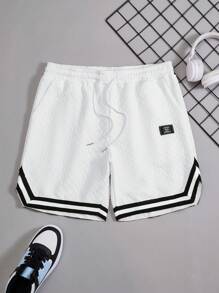 Manfinity Homme Men's Drawstring Waist Patched Striped Print Pockets Shorts - White - View 3