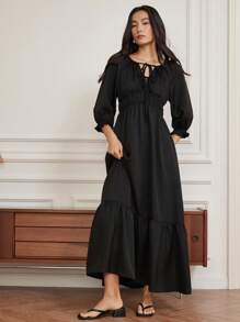 DAZY Summer Elegant Business Casual V-Neck Tie Ribbon Drawstring High-End Commuting Patchwork Ruffle Hem Long Dress For Women Maxi Dress - Black - View 4