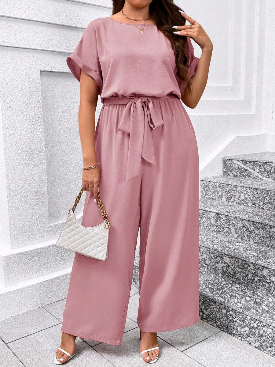 SHEIN Clasi 加大码优雅圆领阔腿连体裤，配腰带 - 粉色 - 查看 1
