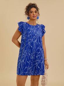 Travachic Váy mini thường ngày in hoa Boho cỡ lớn có tay bồng bềnh, dành cho mùa hè - Xanh đậm - Xem 5