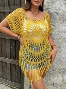 SHEIN VCAY Plus Size Women Casual Solid Color Hollow-Out Tassel Hem Knit Sweater