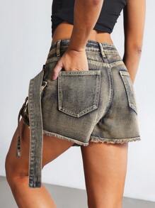 SHEIN Tall 女士做旧牛仔裹身工装短裤 - 藍色 - 查看 2