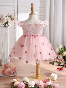 SHEIN Glamorique Kids Baby Girls Summer Sweet Strawberry Embroidered Cap Sleeve Mesh Dress, Suitable For Festivals, Gatherings, Parties, Birthdays, Vacations
