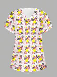 Parte superior de uniforme tipo bata con bolsillo, de manga corta y cuello en V con estampado de dibujos animados para mujeres - Blanco - Ver 6