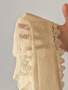 SHEIN Frenchy Women's Lace Patchwork Short Sleeve Textured Fabric Summer T-Shirt Brown Casual - Khaki - View 5