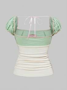 ROMWE Kawaii 女式简约性感可爱蝴蝶结刺绣“挤奶女工”T恤 - 綠色 - 查看 2