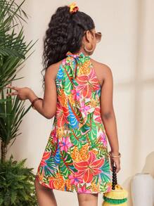 SHEIN Tween-Mädchen Sommerkleid mit Neckholder und Schmetterlingsdekor mit tropischem Blattdruck