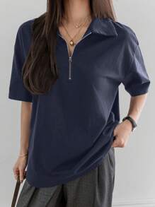 Dazy-Less Women's Business Casual Half-Placket Collared Loose Short Sleeve T-Shirt
