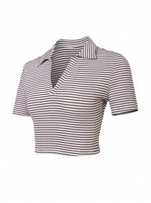 SHEIN Sports Summer Casual Striped Short Sleeve Sport Polo Shirt - Apricot - View 4