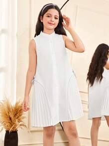 SHEIN White Tween Girl Casual Elegant Commuting Pleated Patchwork Skirt Shirt-Style Peter Pan Collar Button Front Dress With Contrast Trim & Bow Decor - White - View 5