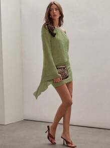 COSMINA Women One Shoulder Solid Color Mini Dress, Fashionable For Summer,Mint Green Dress Sage Green Dress Vacation Dress - Green - View 3