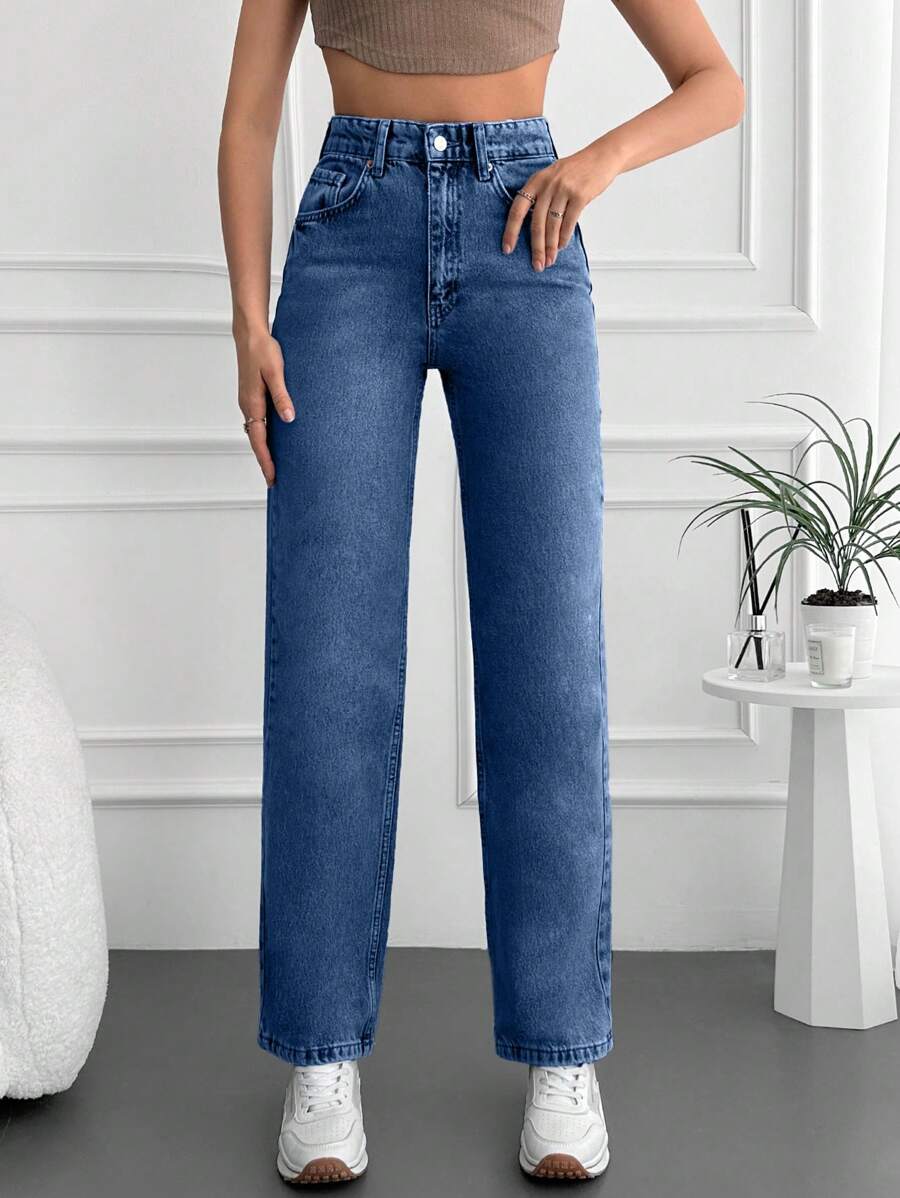EURMUSE Women's Loose Fit Straight Leg Casual Jeans With Pockets, Versatile - Medium Wash - View 1