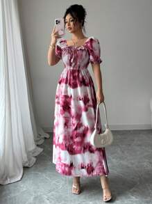 Modelyn Women's Cinched Waist Floral Print Ruffle Hem A-Line Dress - Red - View 6