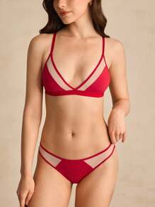 Charlaine Women's Mesh Patchwork Wireless Lingerie Set - Red - View 4