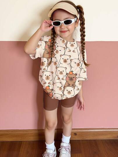 SHEIN Happikins 2pcs Young Girls Casual Cute Capybara Print Loose Short Sleeve T-Shirt And Shorts Set, Suitable For Summer