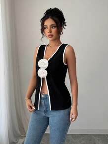 Elenzga Women's Fashion Floral Decor Slit Hem Tank Top - Black and White - View 5