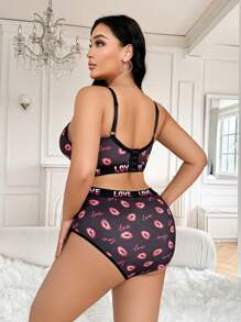 SHEIN 2pcs Plus Size Sexy Underwire Bra Set With Lip Print, Padded And Lift-Up Design For Women - Multicolor - View 2