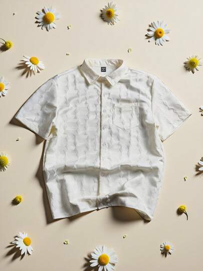 Manfinity Roghcode Men's Geometric Jacquard Single Breast Pocket Casual Short Sleeve Shirt , Men S Cropped Shirts , Men S Cropped Button Up , Men S Summer Shirt