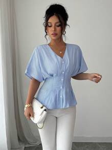 Elenzga Summer Raglan Sleeve Blue & White Striped Slim Fit Beach Shirt