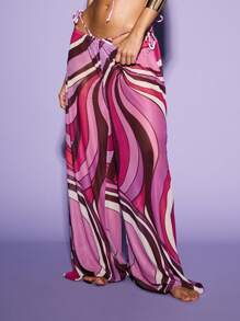KIZN Sheer Mesh Printed Wide Leg Trousers,Bohemian Clothes - Multicolor - View 2