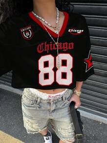 SHEIN EZwear Women V-Neck Loose Cropped 5/8 Sleeve Mesh T-Shirt, Suitable For Summer Sports, With Chicago, Number 88, And Star Prints,Vintage Back To School Chic - Multicolor - View 9