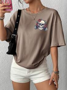 INAWLY 女式宽松字母和骷髅印花圆领落肩T恤，休闲夏季 - 卡其色 - 查看 3